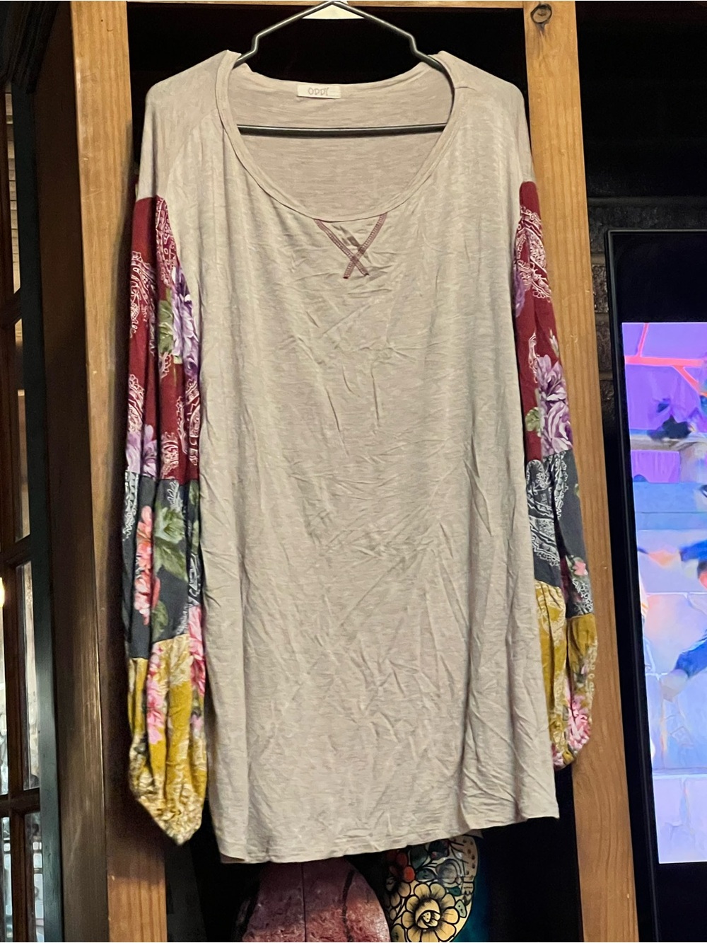 Oddi Cream Tunic with Multi-Panel Floral Balloon Sleeves
